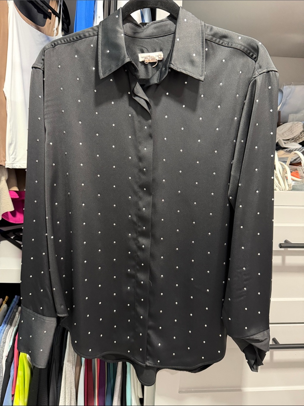 Good American Black Rhinostoned Long-Sleeve Dress Shirt